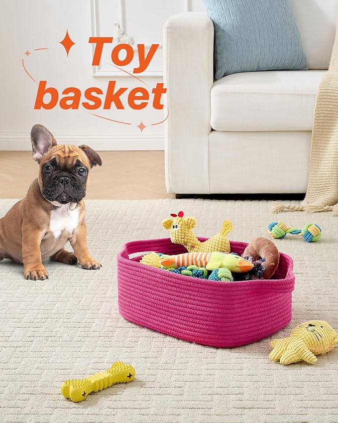KALLAX Small Woven Basket, 14 x 10 x 5.6 Inches, Small Storage Baskets for Organizing, Gift Baskets Empty, Cute Rope Shelf Closet Storage Bins for Shelves, Dog Toy Basket, Hot Pink