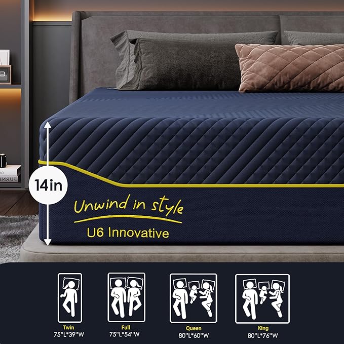 DlandHome 14Inch King Memory Foam Mattress for Back Pain,Cooling Copper Gel Bed in a Box,CertiPUR-US Certified, Therapeutic Medium Firm, 75x79x14 Blue