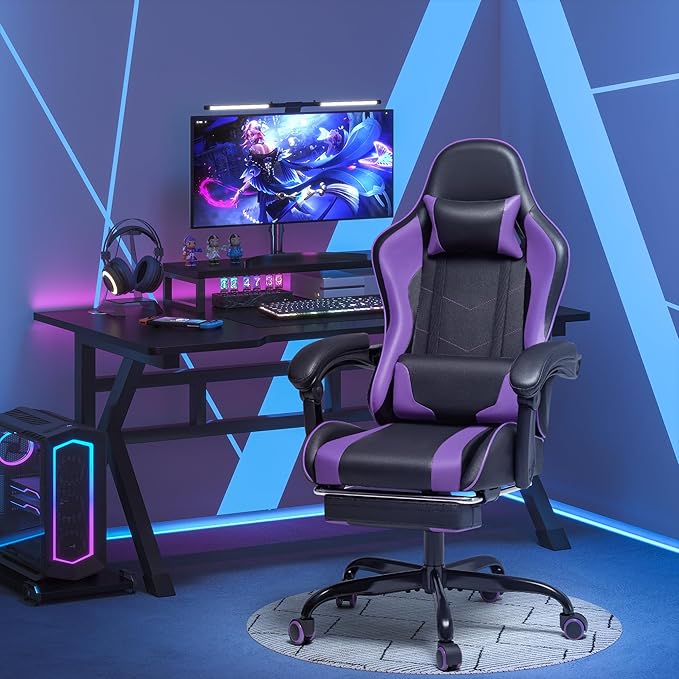 Homall Gaming Chair, Video Game Chair with Footrest and Massage Lumbar Support, Ergonomic Computer Chair Height Adjustable with Swivel Seat and Headrest (Purple)
