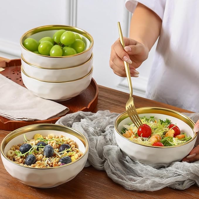 vicrays Ceramic Salad Bowls Set for Kitchen, Serving - 24 Ounce Soup Bowls, Pasta Bowls, Chip Resistant, Dishwasher Safe, NOT Microwave Safe, Fluted, Stoneware, Set of 6 (White with Golden)