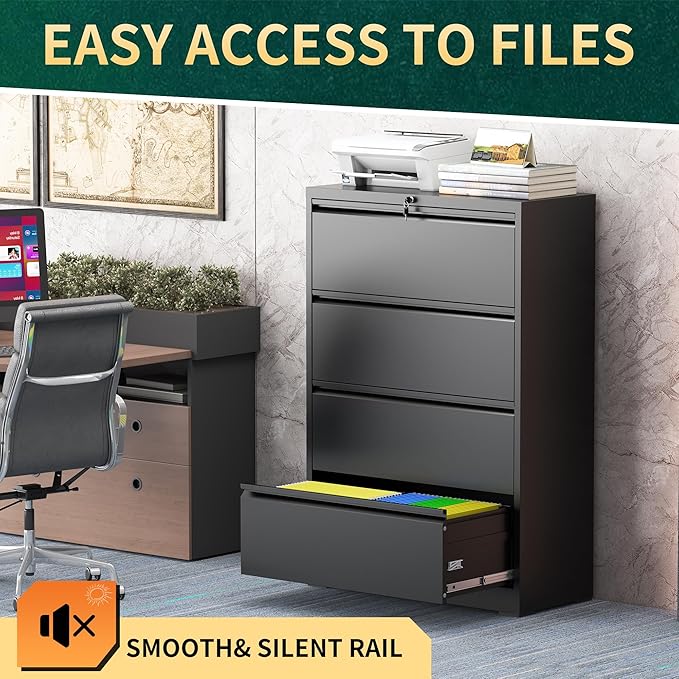4 Drawer Lateral File Cabinet with Lock, Metal File Cabinets for Home Office, Steel Heavy-Duty Filing Storage Cabinet for Letters/Legal/A4 (Require Assembly, Black)