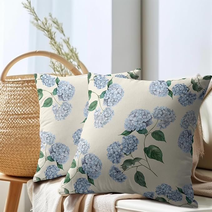 Kawani Blue Hydrangea Pillow Covers 22x22 Inch Set of 2 Blue Floral Outdoor Decorative Throw Pillow Covers Rustic Flower Pillowcases Spring Summer Cushion Covers for Home Couch Decor