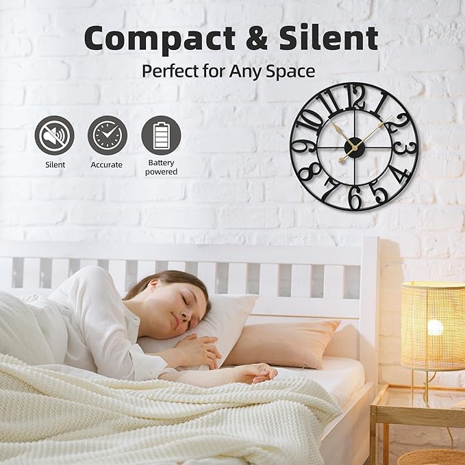 Wall Clock Battery Operated,Silent Non Ticking Modern Rustic Metal Small Clocks for Living Room/Bedroom/Office/Kitchen/Farmhouse Home Decor-16IN(Arabic Number-Black)
