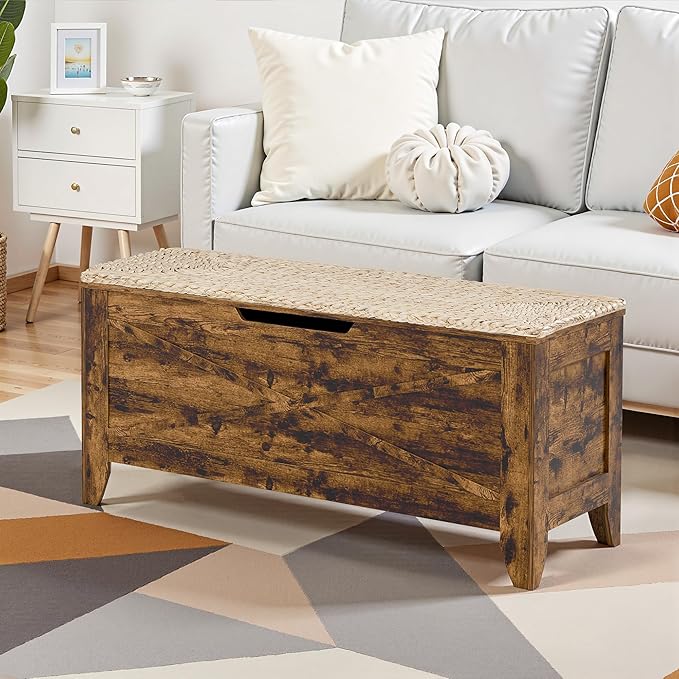 VECELO 43.3" Farmhouse Style Storage Bench, Entryway Shoe Ottoman, with Handwoven Cushion, with Metal Safety Hinges, for Bedroom, Living Room, Entryway, Brown