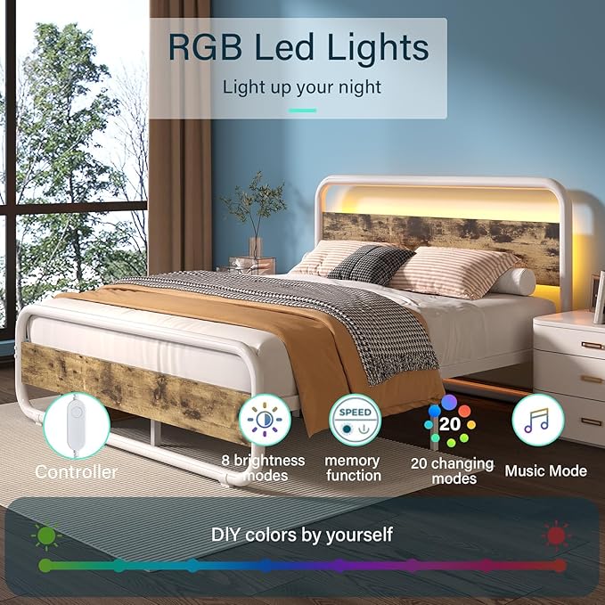 Catrimown Queen Size Bed Frame, Queen Bed Frame with Led Headboard, Metal Platform Bed Frame with 12" Under Bed Storage, Noise Free, No Box Spring Needed, White