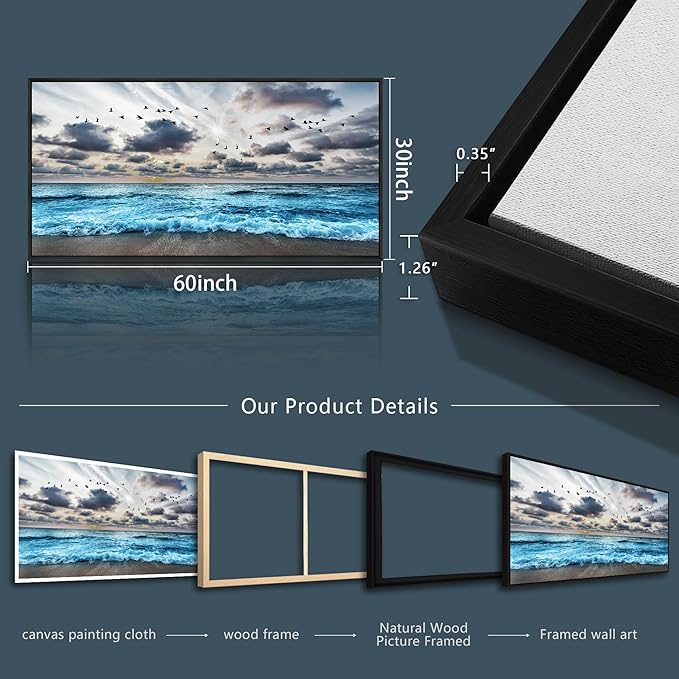 Wapluam Large Wall Decoration For Living Room Black Framed Canvas Wall Art For Bedroom Office Wall Decor Black And White Wall Painting Blue Sea Wave Pictures Artwork Modern Hotel Room Home Wall Art