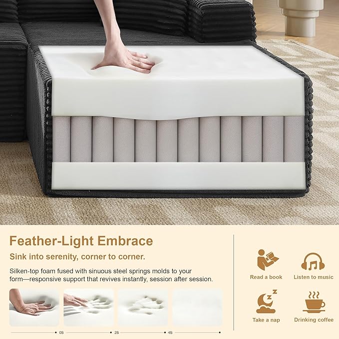 105''Sectional Cloud Couch with L Shaped Chaise,Modern Modular Sectional Sofa,Comfy Sectional Couches for Living Room,Bedroom,Apartment (Black, Right Facing Chaise)