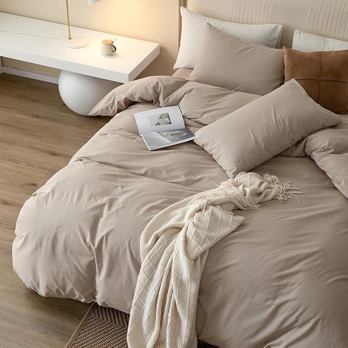 JIYUAN 100% Washed Cotton Duvet Cover Set 3 Pieces Queen, 1 Duvet Cover 90x90 Inches(Comforter Not Included) and 2 Pillowcases,Linen Feel Bedding Set Comfy and Breathable, Heathered Warm Taupe