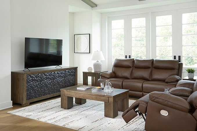Signature Design by Ashley VonRyan Modern Leather Match Power Reclining Loveseat with USB Ports, Dark Brown