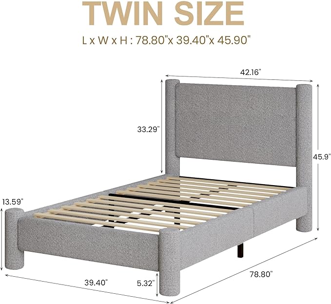 Twin Size Bed Frame, Boucle Upholstered Platform Bed with Headboard and Footboard, Soft Rounded Corners, No Box Spring Required, Easy Assembly, Light Grey