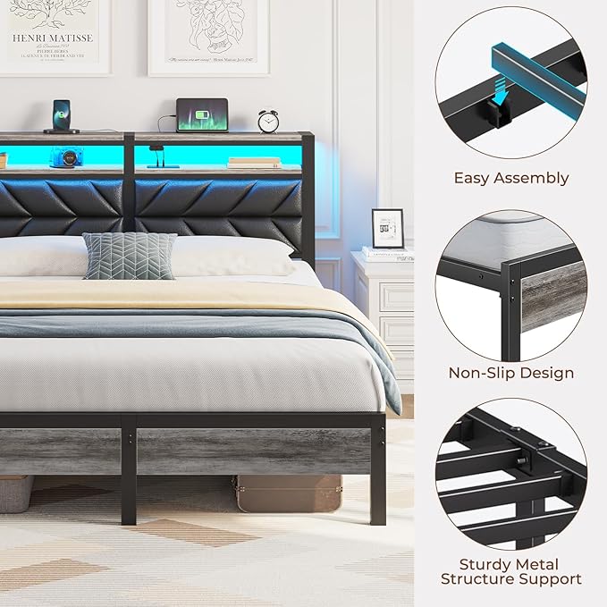 Seventable Bed Frame Full Size with Charging Station, LED Bed with Upholstered Storage Headboard, Metal Platform Bed with Under Bed Storage, No Box Spring Needed, Noise Free, Easy Assembly, Black