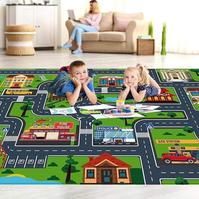 Kids Carpet Playmat, Kids Rug for Playroom Car Mat Town City Road Map Playmat, Extra Large Boys Kids Car Track Play Rug Bedroom, Living Room (Style Four, 110.2 X 78.7 INCH)