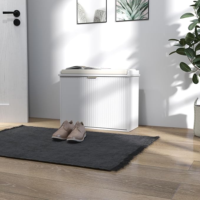 HOMCOM Narrow Shoe Bench with Padded Seat Cushion and Flip-Drawer, Small Entryway Bench Holds up to 265lb, Shoe Cabinet, 24.4x10.2x18.7 Inches, White
