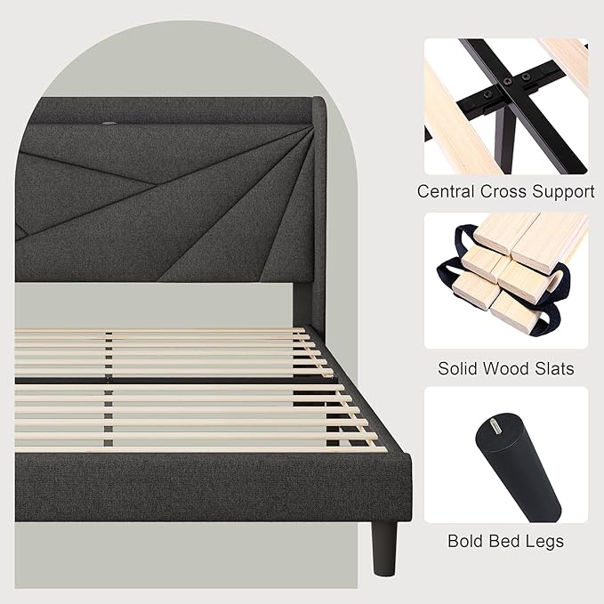 Feonase Full Bed Frame with Charging Station, Linen Upholstered Platform Bedframe with Wingback Headboard, Solid Wood Slats Support, Noise Free, No Box Spring Needed, Charcoal Grey