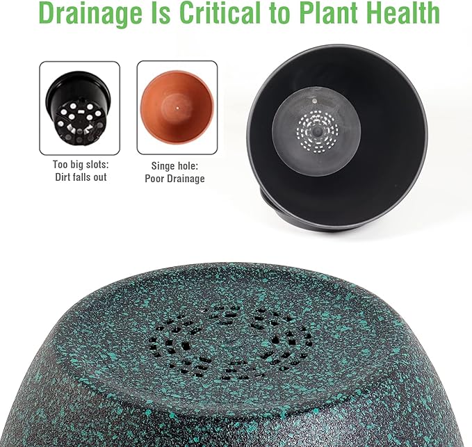 WOUSIWER Plant Pots 10/9/8 inch, Set of 3 Modern Decorative Plastic Planters with Drainage Holes and Saucers for House Plants Indoor Flowers Plants, Black with Green Speckles