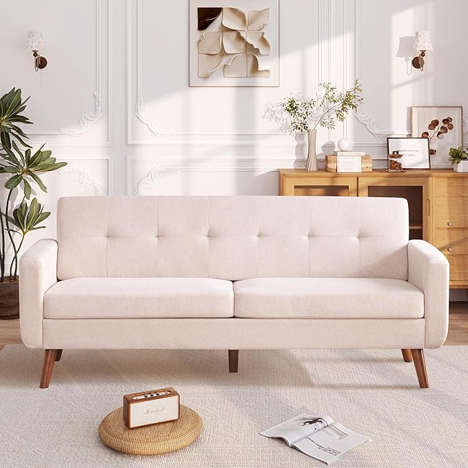 Tbfit 77.2" W Linen Sofa Couch, Mid Century Modern Decor Loveseat Couches for Living Room, Button Tufted Upholstered Small Couch for Bedroom, Solid, and Easy to Install Love Seats Furniture, Oatmeal