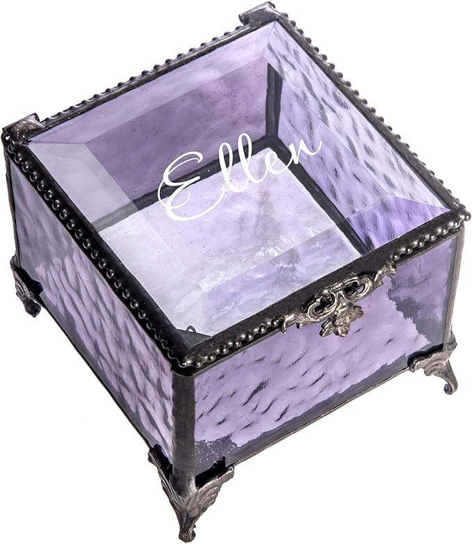 Personalized Purple Glass Box Decorative Vanity Display Case Storage Jewelry Organizer Keepsake Gift for Her Girl Women Purple Vintage Decor J Devlin Ellen Box 836 EB245