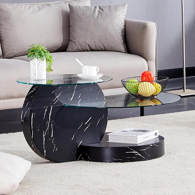 Glass Coffee Table, Modern Round Glass Coffee Table with Wooden Base, 3 Tier Round Coffee Table, Clear Cocktail Table with Storage for Living Room, Office, Balcony, Black