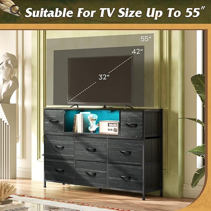 WLIVE Black TV Stand for 45, 50, 55 inch TV, Entertainment Center with LED Lights & Charging Station, TV Media Console Table with 8 Fabric Drawers and Open Shelves for Living Room, Hallway, Wood Top