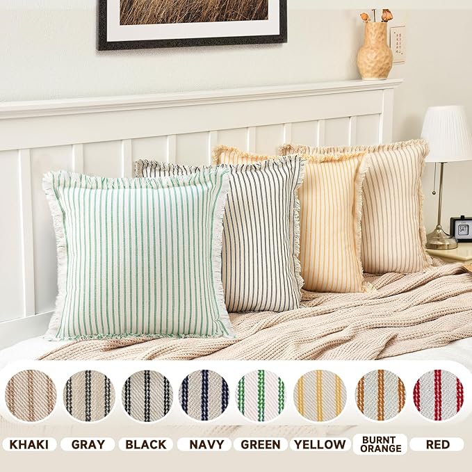 ZWJD Throw Pillow Covers 22x22 Set of 2 Green Striped Pillow Covers with Fringe Chic Cotton Decorative Pillows Square Cushion Covers for Couch Bed Living Room Farmhouse Spring Decor