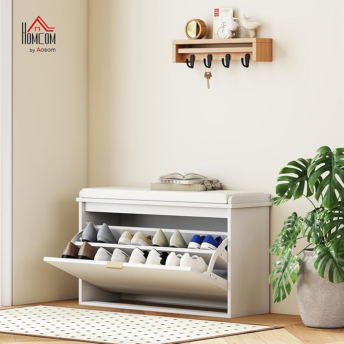 HOMCOM Narrow Shoe Bench with Padded Seat Cushion and Flip-Drawer, Small Entryway Bench Holds up to 265lb, Shoe Cabinet, 31.5x10.2x18.7 Inches, White