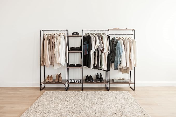 IRIS USA Clothes Rack for Hanging Clothes with Bottom Wood Shelf, Freestanding Clothing Rack, Easy to Assemble Garment Rack, Metal, Sturdy Design, Multipurpose, Small Space Storage Solution, Black