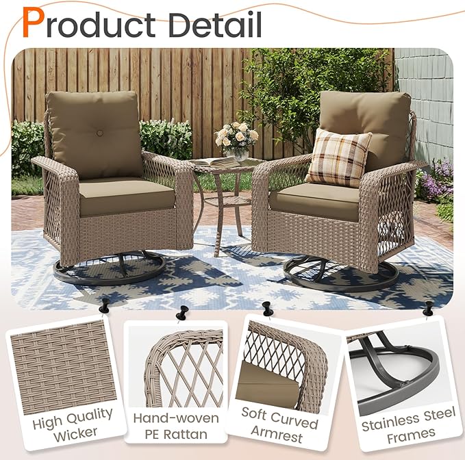 UDPATIO Patio Furniture Set 360 Swivel Chair 3 Piece Patio Set Wicker Outdoor Chair with Coffee Table for Yard, Bistro, Balcony