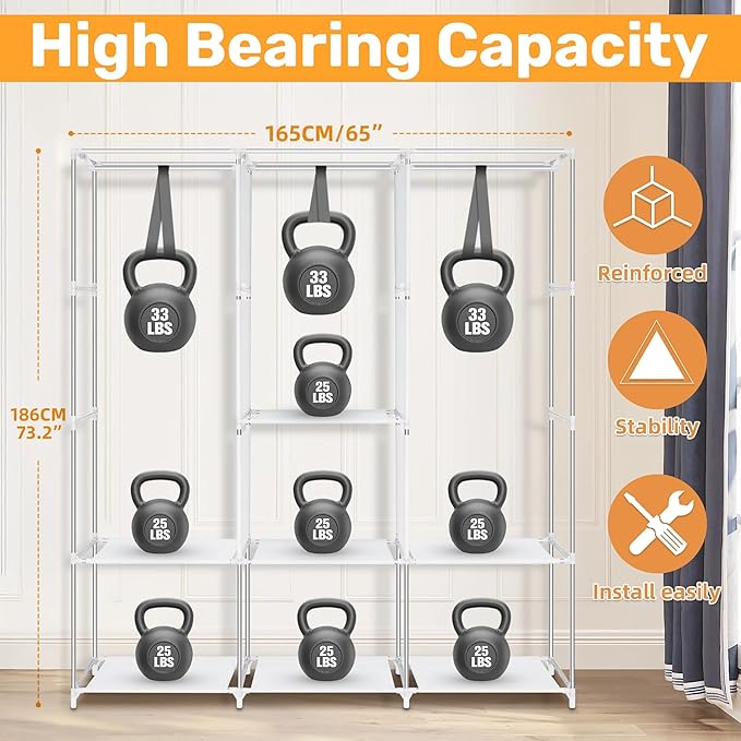 DivaDee Portable Wardrobe Closet with Cover β Freestanding Clothes Organizer with 8 Storage Shelves & Dual Hanging Rods β Spacious Closet for Bedroom, Dorm