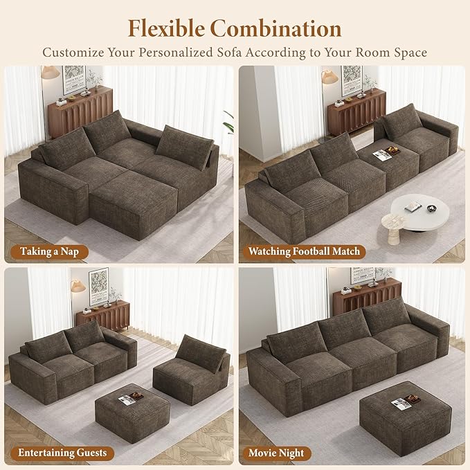 Vesgantti 114" Boneless Modular Sectional Sofa, Modern 3 Seater Couch with Ottoman & Deep Seat, Convertible Chenille L Shaped Cloud Couches for Living Room, No Assembly Required, Dark Brown