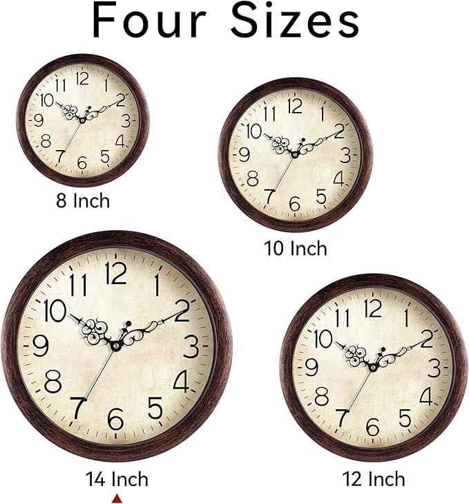 Wall Clock 14 Inch Vintage Wall Clocks Battery Operated Quartz Silent Non-Ticking Large Retro Rustic Style Decorative for Living Room, Home Office, Bedroom, Dining Room (Bronze)