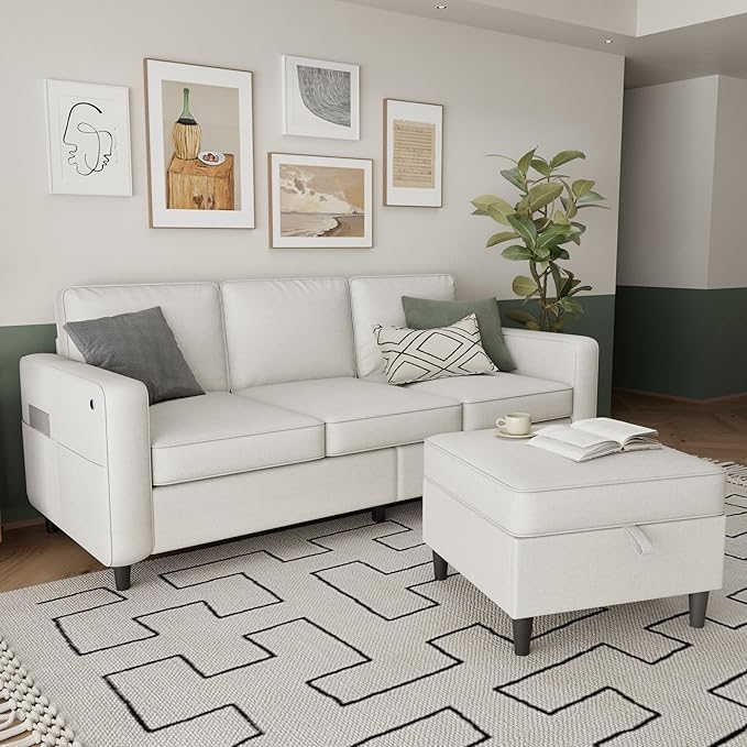 Sectional Sofa Couches for Living Room - 78'' Beige 3 Seat L-Shaped Couch with Type-C Charging Port & Storage Ottoman, Modern Linen Convertible Sectionals Sofas with Chaise for Apartment