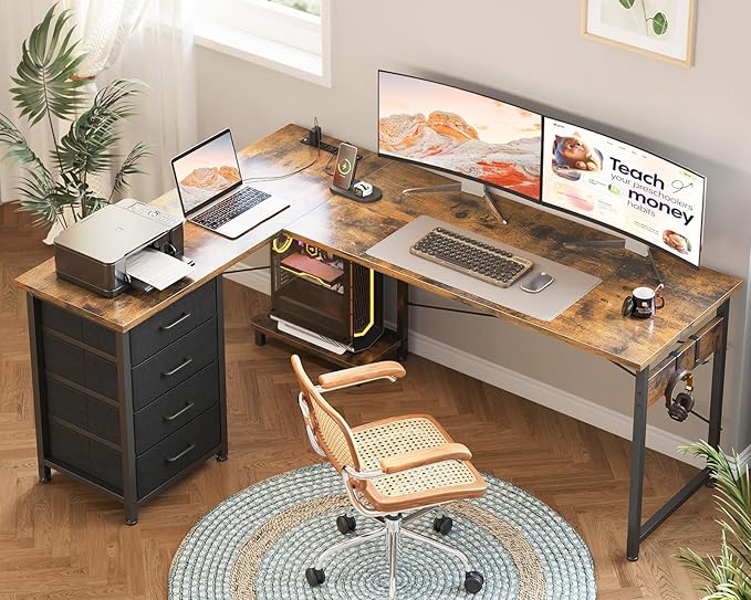 AODK L Shaped Desk with 4 Tier Drawers, 61" Reversible Gaming Desk with Power Outlets, L Shaped Computer Table with USB Charging Port and Host Stand, Home Office Table, Easy to Assemble, Vintage