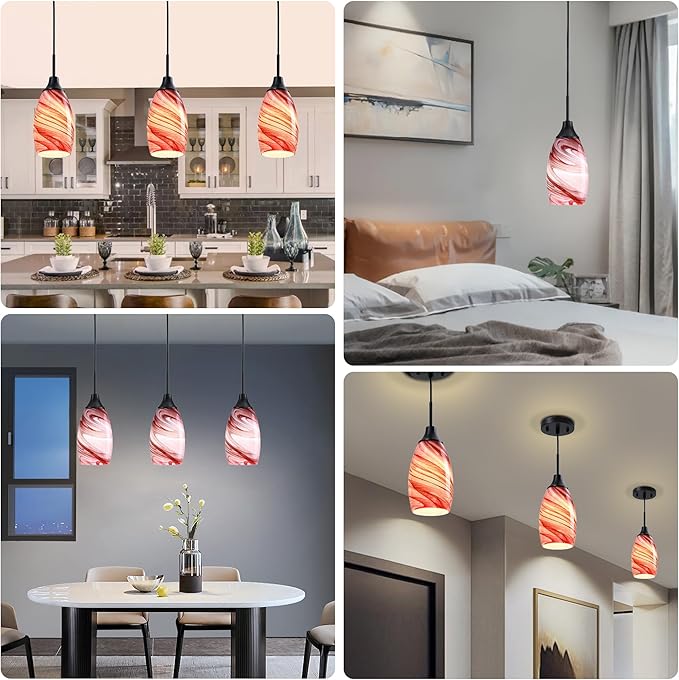 Mini Glass Pendant Light 4.72" with Handblown Burgundy Marble Art Glass Hanging Light 1-Pack Oval Ceiling Hanging Light Fixture for Dining Room Kitchen Island Cafe Foyer Hallway