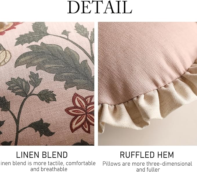 Design Round Pink Floral Linen Throw Pillow Covers Diameter 16" Pack of 2, Vintage Country Flowers Pattern Cushion Covers Decor Pillowcases for Bed,Living Room,Outdoor,Car