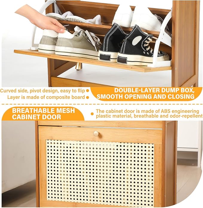 Rattan Small Entryway Bench with 2 Tie Flip Drawers Narrow Shoe Rack Bench for Wooden Shoe Organizer for Entryway Hallway Living Room Hallway Closet Rustic Oak Rattan, Suitable for US10 and Under