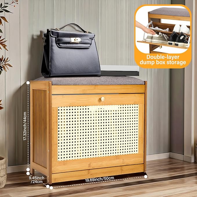 Rattan Small Entryway Bench with 2 Tie Flip Drawers Narrow Shoe Rack Bench for Wooden Shoe Organizer for Entryway Hallway Living Room Hallway Closet Rustic Oak Rattan, Suitable for US10 and Under