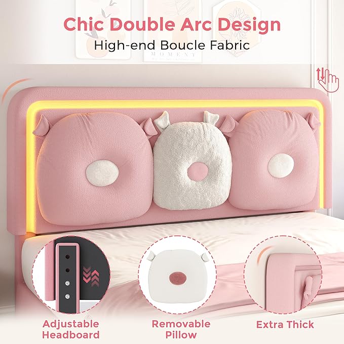 Queen Size Upholstered Bed Frame with LED Lights, Girls Bed with Adjustable Chic Double Headboard, Boucle Princess Platform Bed for Girls, Solid Wood Slats Support, No Box Spring Needed, Pink