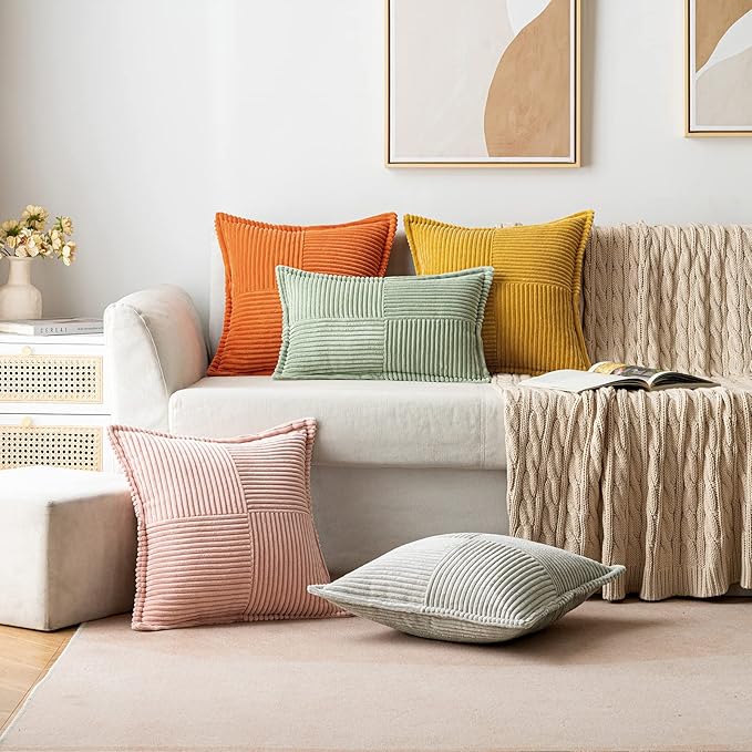 MIULEE Decorative Throw Pillow Covers for Couch Bed Livingroom 16x16 Inch Set of 2 Fall Mustard Yellow Boho Accent Throw Pllows Broadside Striped Patchwork Soft Corduroy Pillowcases