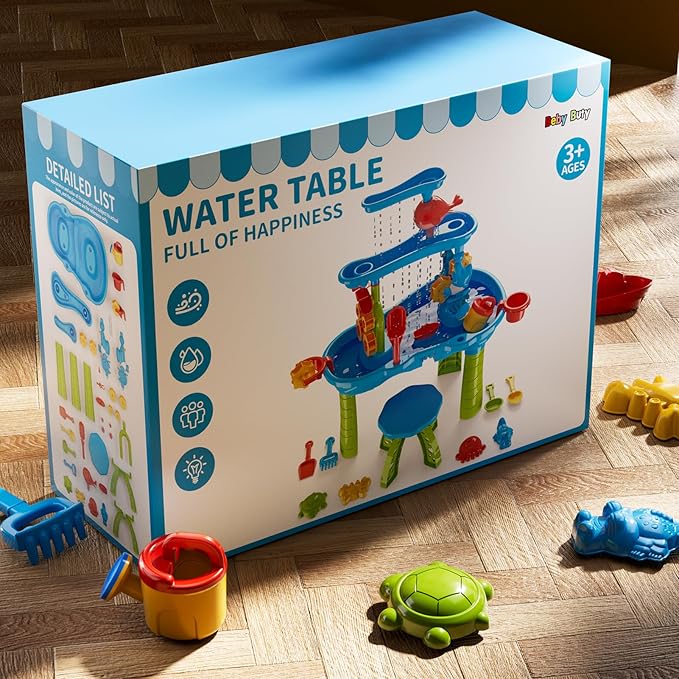 3-Tier Kids Water Table for Toddlers Kids Ages 3-5 4-8, Summer Outdoor Water Table Beach Kids Toys, Toddler Sensory Activity Sand Box Play Set with Rain Showers Splash Pond for Boys Girls