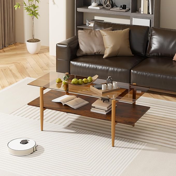 Glass Coffee Table, Rectangle Living Room Center Table with Golden Legs, Mid-Century Modern Accent Tables with Open Shelf for Living Room, Office, Brown
