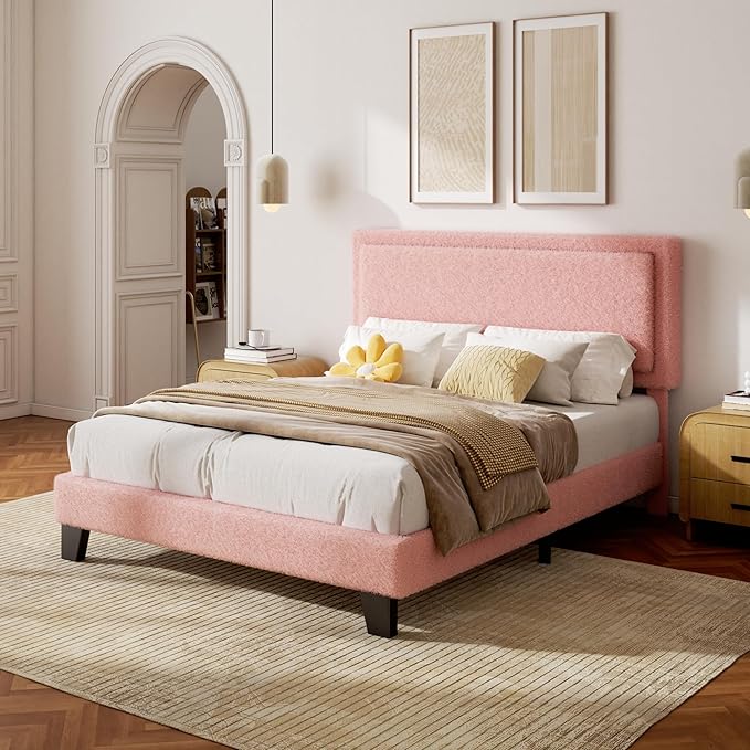 Full Bed Frame, Boucle Platform Bed with Adjustable Upholstered Headboard, No Box Spring Needed, Easy Assembly, Pink