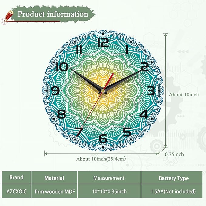 Wall Clocks Battery Operated,Blue Yellow Mandala Clock for Living Room,Decorative Wall Clock for Living Room, Bedroom, Bathroom and Kitchen,10 Inch