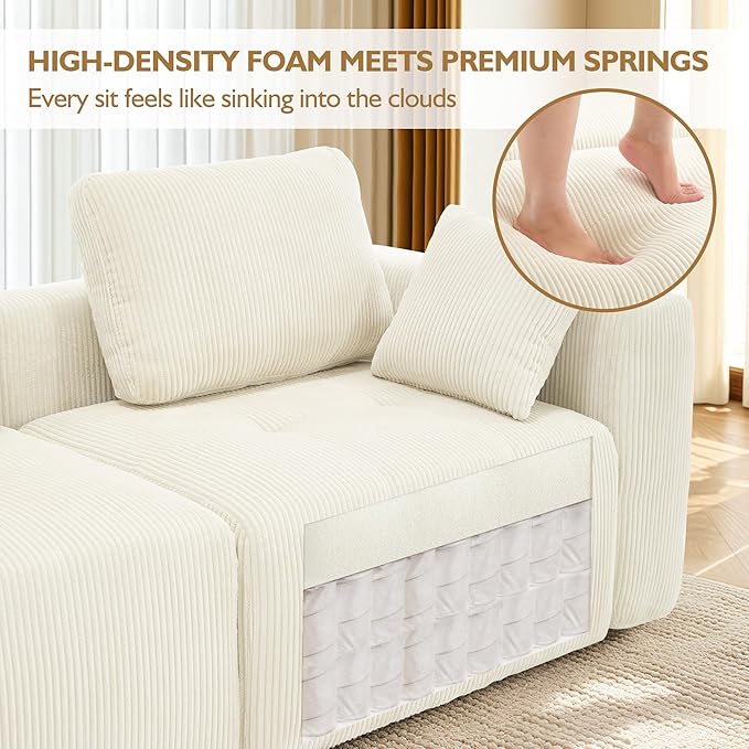 80.4" Modular Sectional Sofa Loveseat Couch for Living Room, Comfy Cloud Sofa Modern 2-Seat Sofa, Corduroy Upholstered Boneless Couch with Deep Seat, 4 Pillows, Beige
