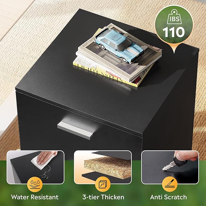 DEVAISE 2 Drawer File Cabinet, Mobile Printer Stand, Wood Filing Cabinet fits A4 or Letter Size for Home Office, Black