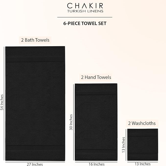 Chakir Turkish Linens 100% Cotton Premium Turkish Towels for Bathroom | 2 Bath Towels - 2 Hand Towels, 2 Washcloths (6-Piece Towel Set, Black)