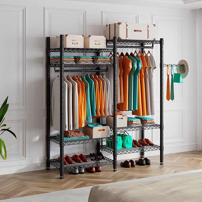 PUNION Clothing Rack 7 Tiers Heavy Duty Clothes Rack with 2 Hanging Rods, Wire Garment Racks for Hanging Clothes, Large Portable Metal Wardrobe Clothes, 48"L X 16"W X 77"H, Max Load 620lbs Black, GR7E