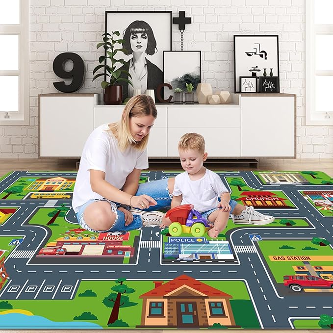 Kids Carpet Playmat, Kids Rug for Playroom Car Mat Town City Road Map Playmat, Extra Large Boys Kids Car Track Play Rug Bedroom, Living Room (Style Four, 110.2 X 78.7 INCH)