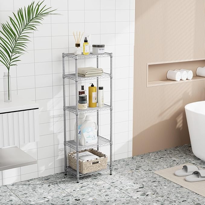 Small 5 tire Shelves Storage Wire Shelving Unit Metal Shelf Adjustable Organizers Storage Shelving for Bathroom Laundry Room Kitchen Pantry10”D x 16”W x 55”H Silver