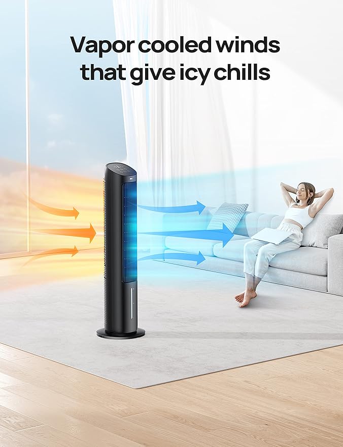 Dreo Evaporative Air Cooler, 40” Standing Fans that Blow Cold Air, 80° Oscillating Bladeless Cooling Fan for Bedroom, Swamp Cooler, Removable Water Tank, Ice Pack, Remote, 3 Mode 4-Speed, Black