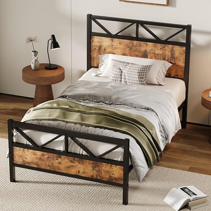 Twin Bed Frames, Bed Frame Twin Size with 51.2" Tall Industrial Headboard, Twin Size Patform Bed Frame with Solid Steel Slats Support, Noise Free, No Box Spring Needed, Easy Assembly, Rustic Brown
